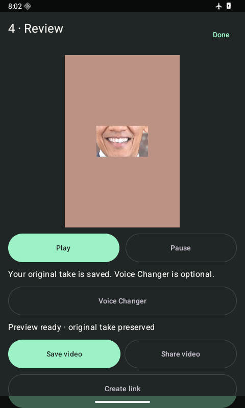 Mushmouth Android development preview showing video review controls
