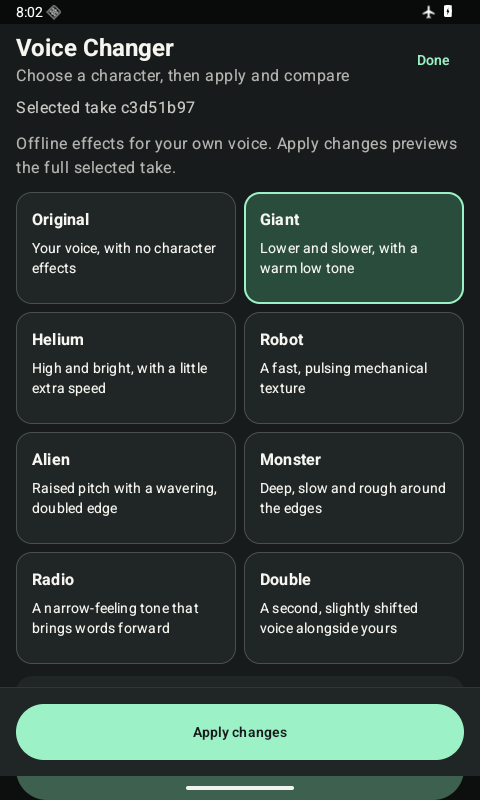 Mushmouth Android development preview showing character voice options
